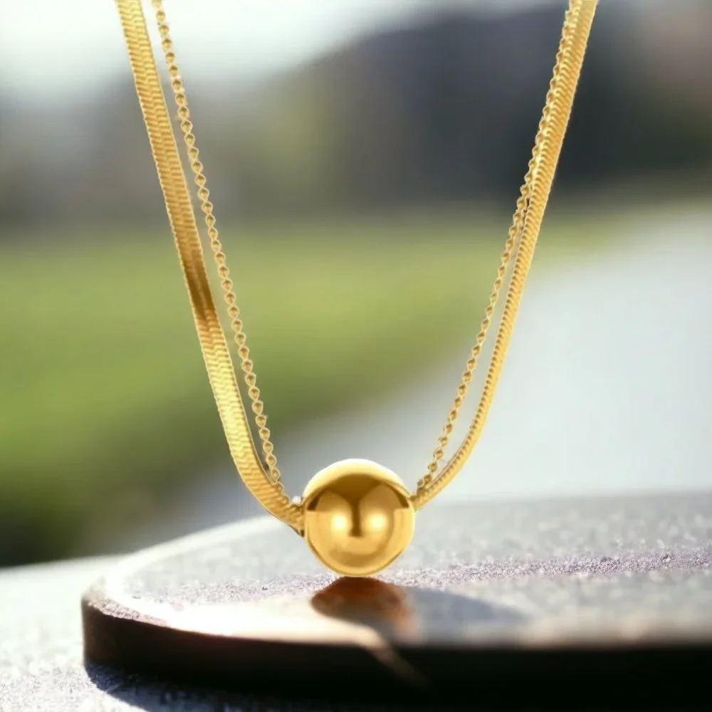 🆕️ 18K Gold Plated Stainless Steel Double-Layered Necklace With Sphere Charm - Picture 2 of 8